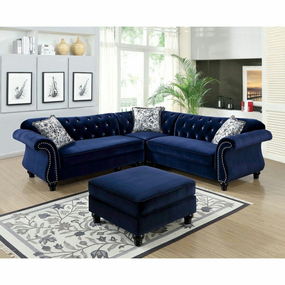 Chesterfield L Shaped Sofa Blue Valvet