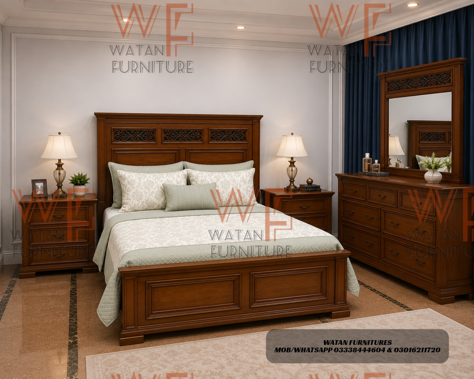 Classic wooden bedroom set by Watan Furnitures Luxury wooden bed with side tables Traditional wooden dresser with mirror Solid wood bedroom furniture set in walnut finish